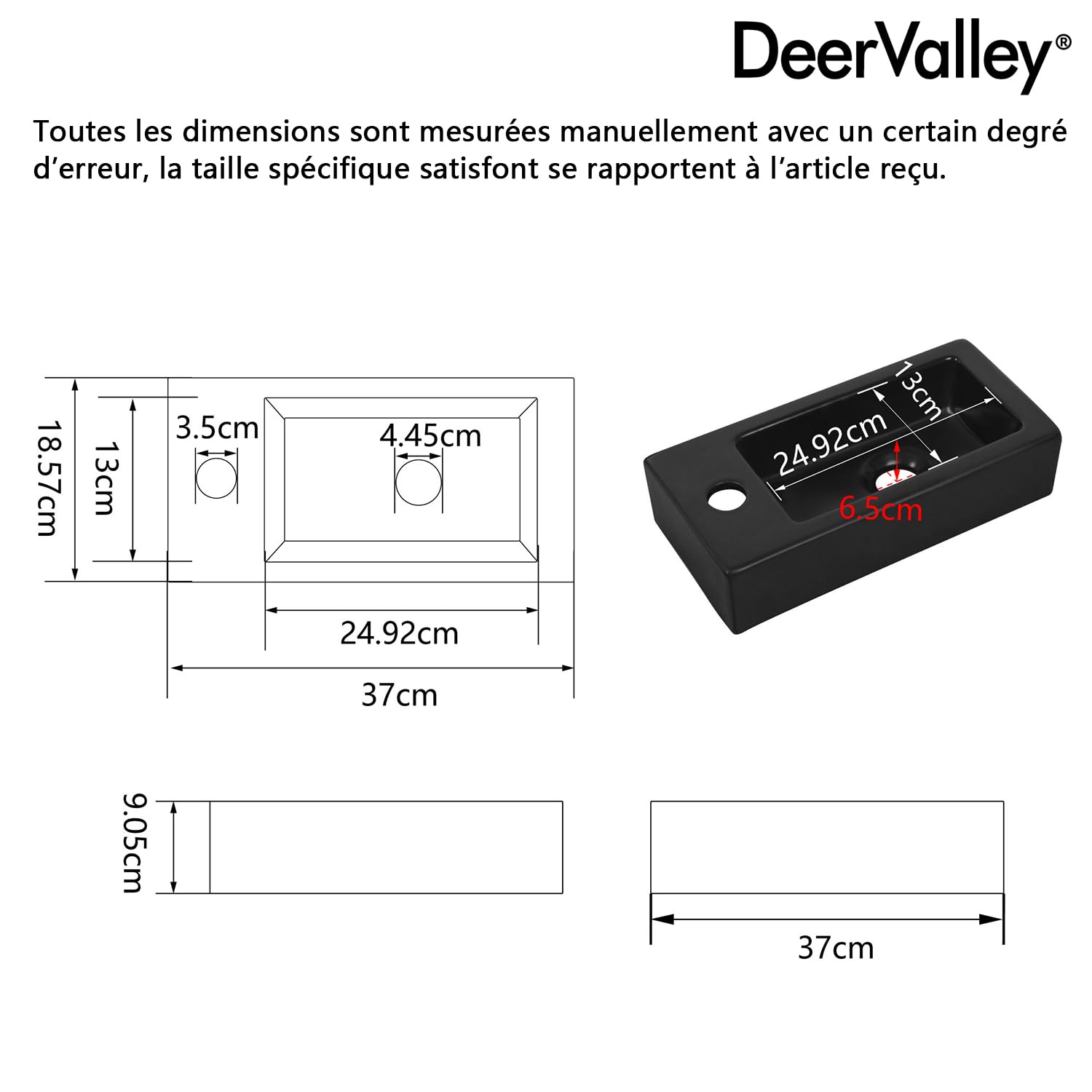 DeerValley Vasque Lave Main Mini Meuble Lavabo suspendu en céramique pour salle de bain Noir Mat en Céramique pour Petit Espace (Main Gauche)