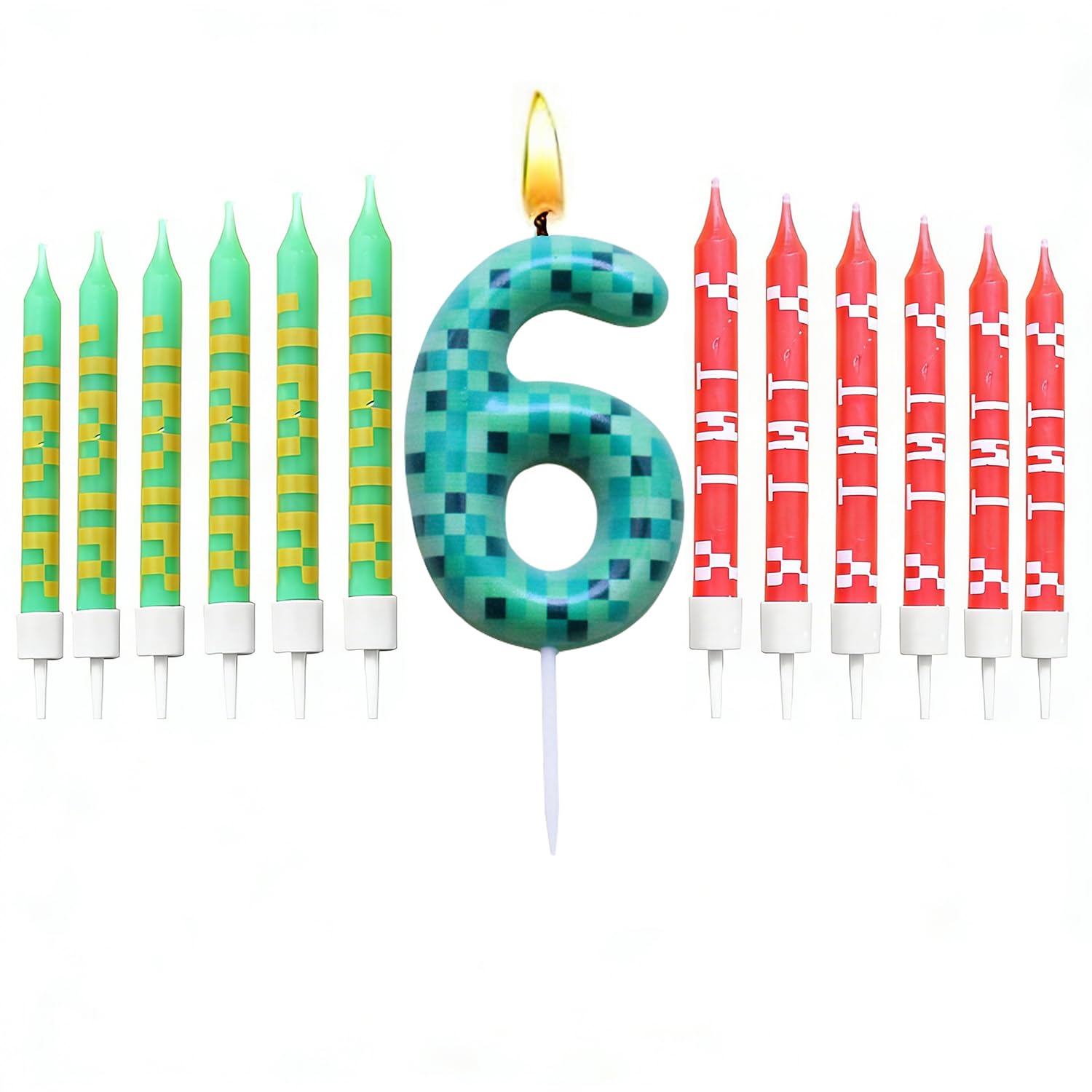 Mizt Number6 Pixel Gaming Candle Cake Decorations, 13Pcs Personalied Happy 6Th Birthday Candles Set, Number 6 Candle Toppers Large Happy Birthday Topper Toppers Happy Birthday For (6Th)