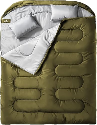MEREZA Saco de dormir doble para adultos y hombres con almohada, tamaño XL, Queen, saco de dormir para dos personas para todas las estaciones,