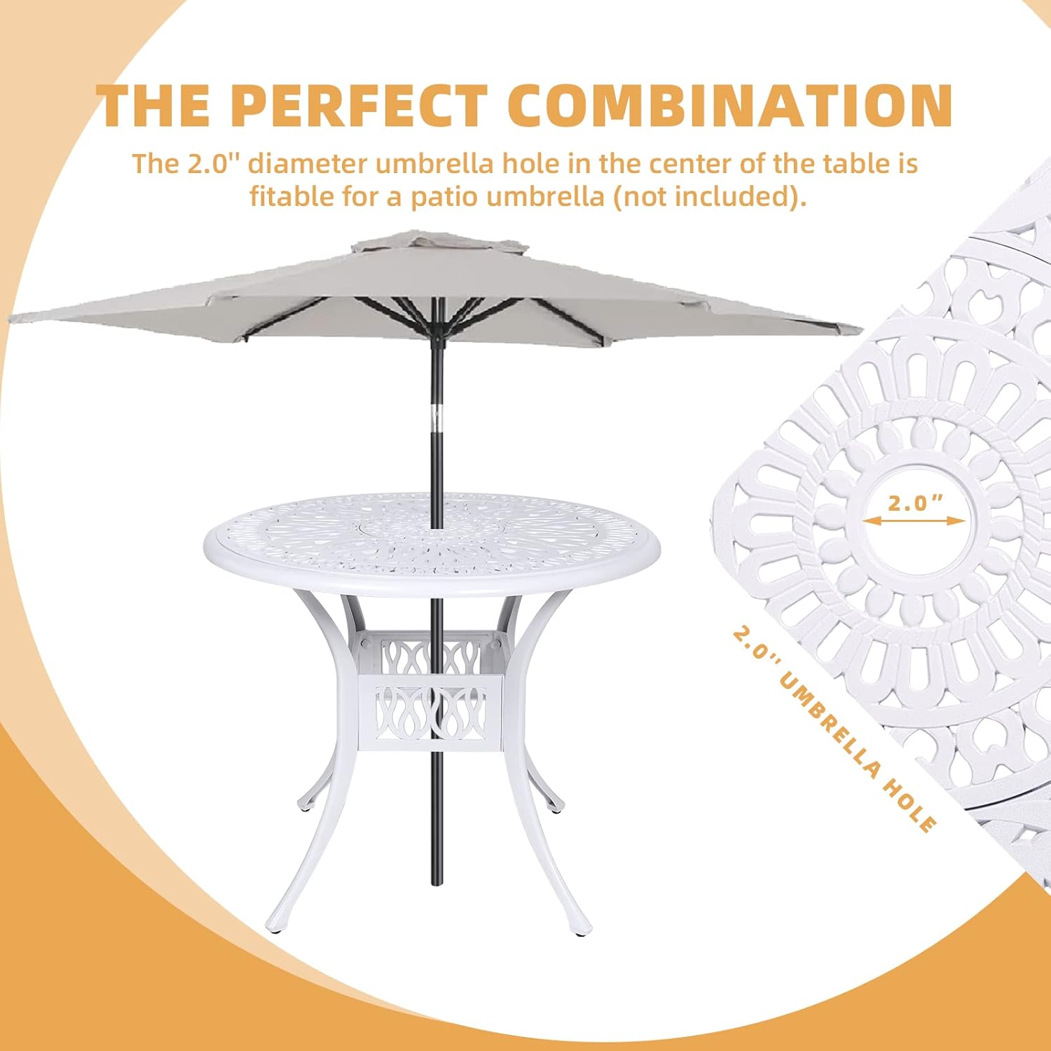 5 Piece Patio Dining Set, Outdoor Table and Chairs Set for 4 Cushioned Swivel Rocking Chairs and 35.4'' Round Table, All-Weather Cast Aluminum Patio Funiture Set, 2'' Umbrella Hole, White