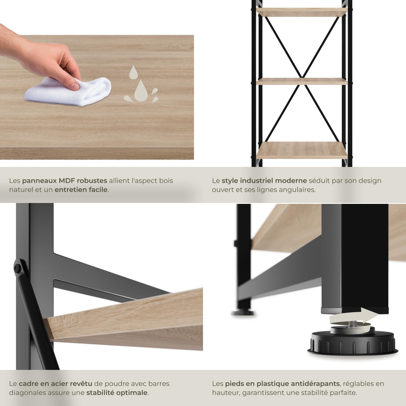 tectake® Étagère Bibliothèque Colonne Meuble de Rangement à 5 Niveaux Meuble Industriel Moderne Structure en Acier et en Bois MDF pour Rangement Bureau, Salon,Cuisine, Chambre, Dressing