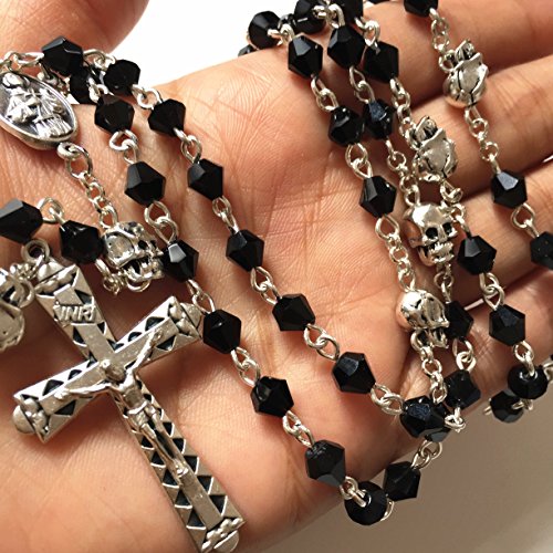 elegantmedical silver skull Beads black Crystal 5 Decade rosary cross crucifix Catholic Necklace3