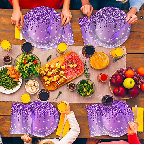 Image of 96 Pcs Purple Silver Tableware Set for Birthday Party Decor Disposable Dessert Plates Napkins Forks for 24 Guests Elegant Purple Tableware for Women Girls Baby Shower Bridal Shower Party Supplies