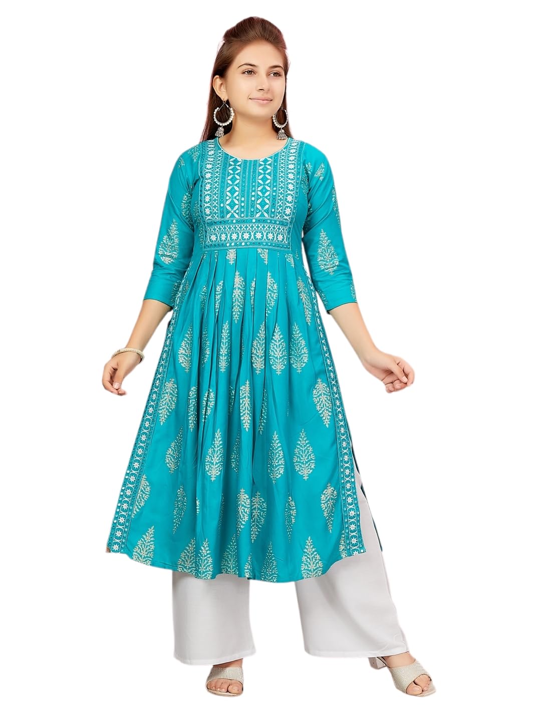 Aarika Girls C-Green-White Colour Cotton Kurti Palazzo Set (Pl-K-Ap-1119-Firozi-White-38)
