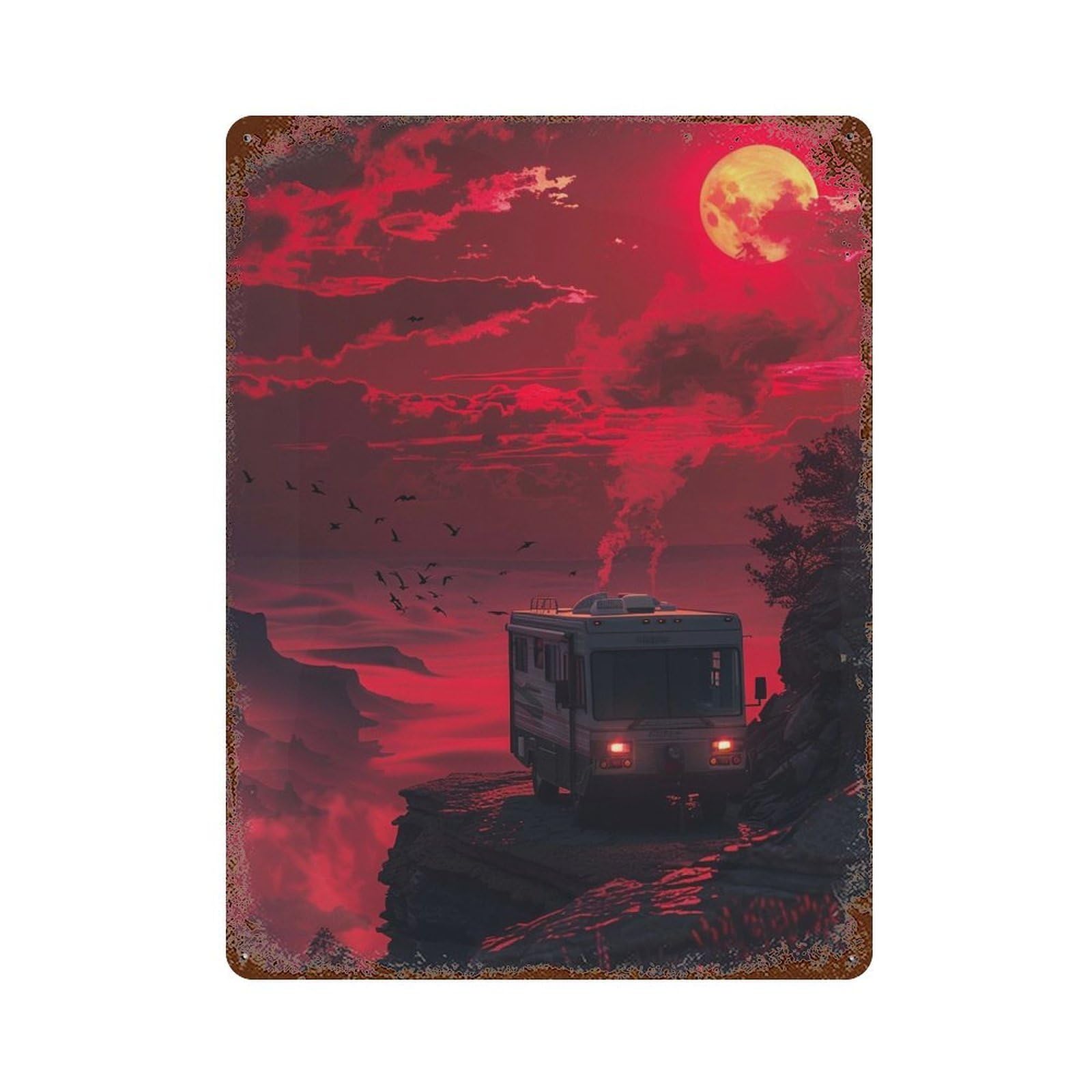 Red Sunset Camper Adventure Rust Effect Tin Sign 15.7"x11.8", Rustic Home Decor for Garage, Bar And Workshop Decor