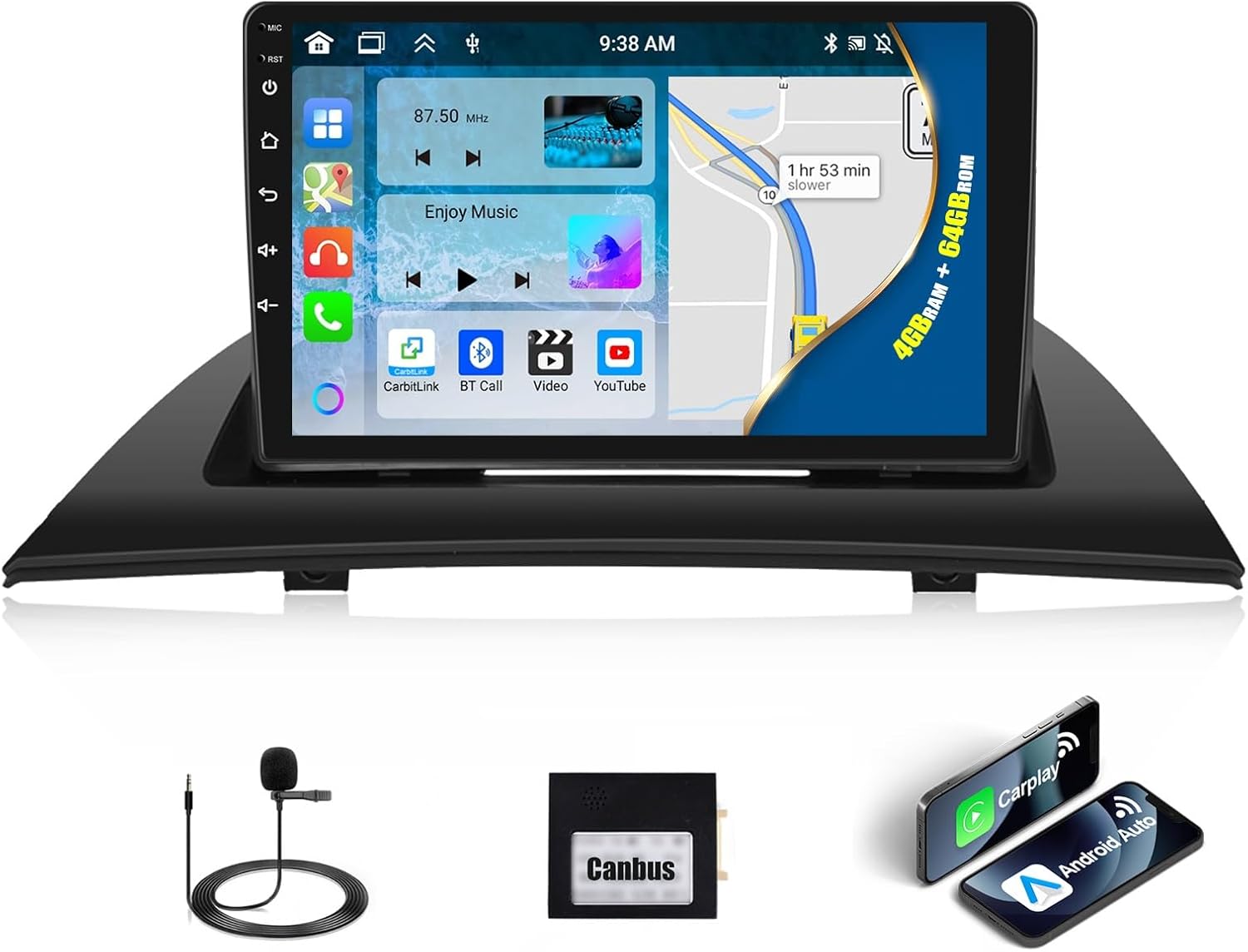 CAMECHO 9-inch Car Stereo Radio with included accessories: external microphone, Canbus box, and icons for Wireless CarPlay and Android Auto.