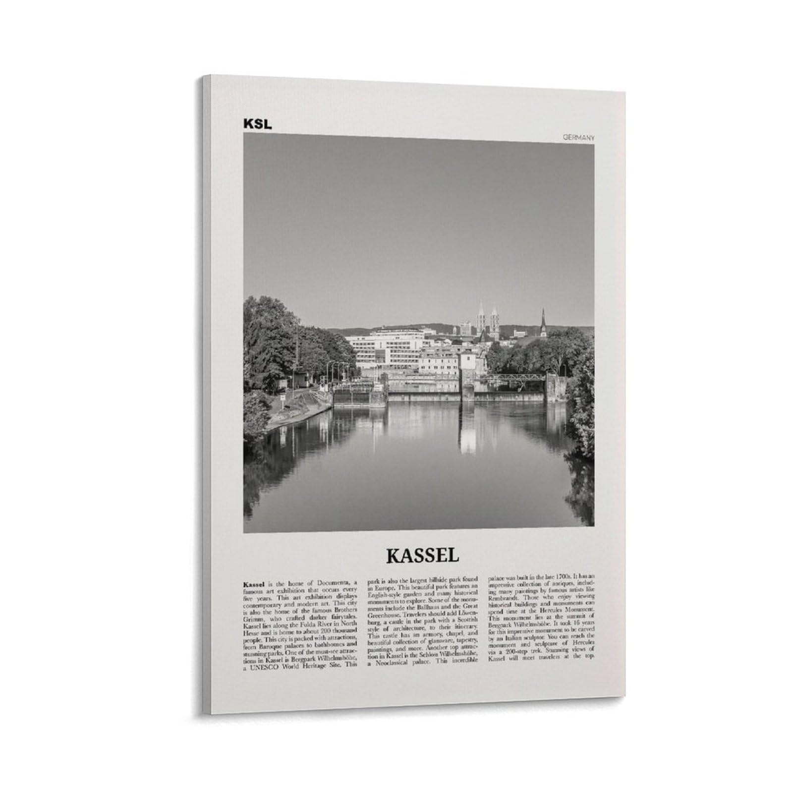 LZTEN Kassel-Druck, Schwarz-Weiß, Kassel-Wandkunst, Kassel-Poster, Kassel-Foto, Kassel-Wanddekoration, Kassel-Karte, Deutschland-Leinwand-Kunst-Poster, gerahmt, 40,6 x 61 cm