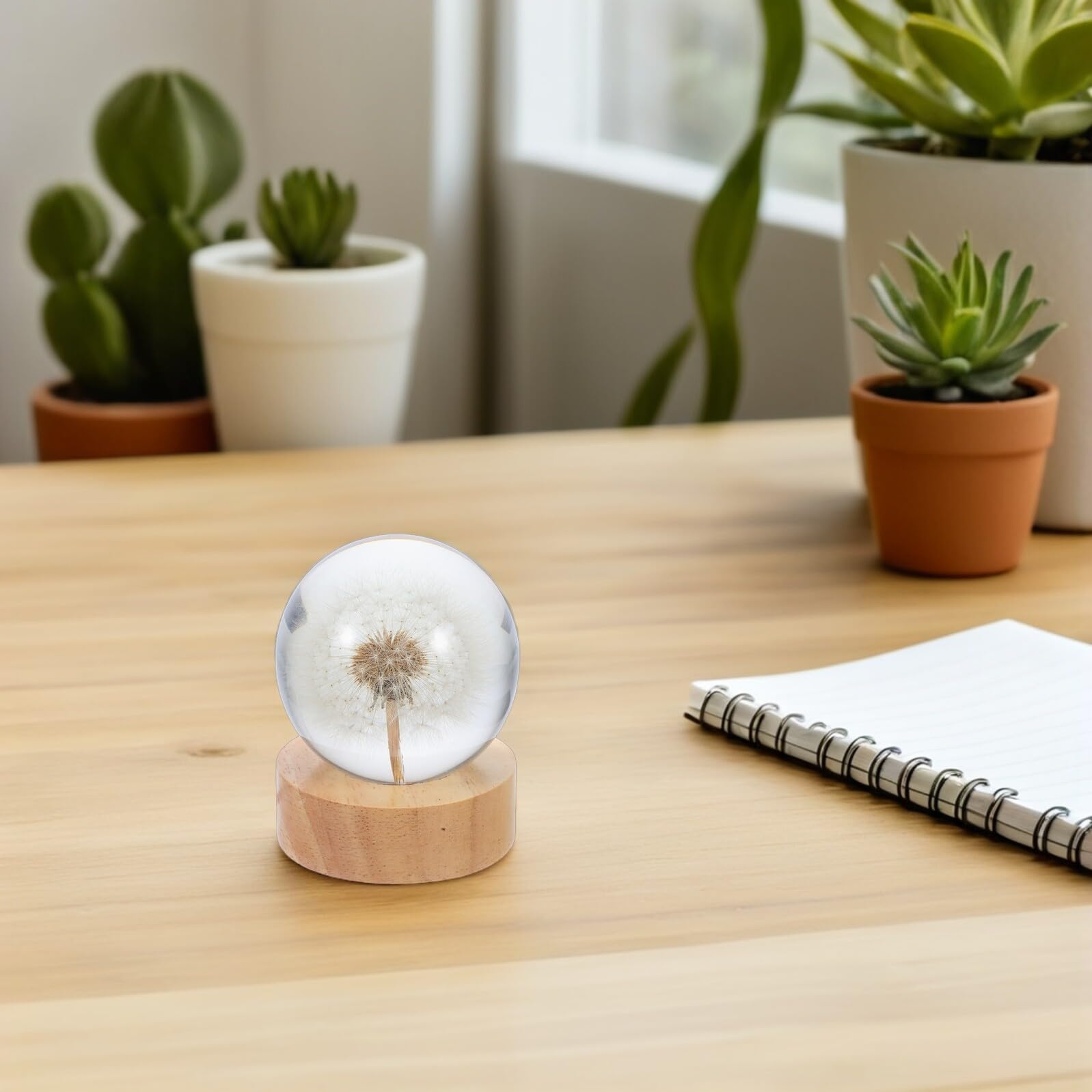 SHINEOFI Lampada da Tavolo in Cristallo 3d a Sfera con Incisione Tarassaco, Luce Notturna Decorativa USB con Base in Legno Massello, Globo Luminoso per Atmosfera Calda e Regalo Elegante
