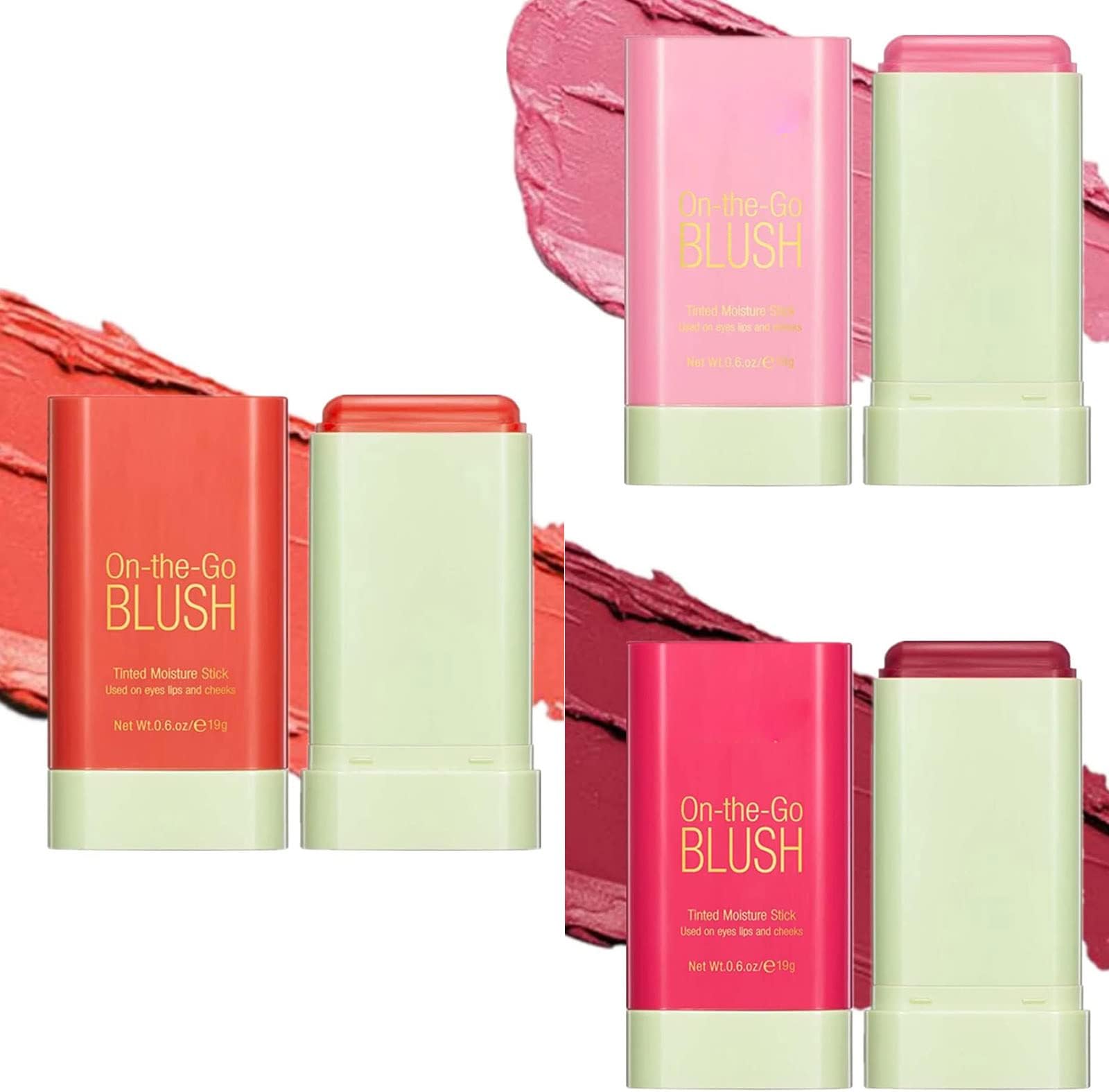On-the-Go Blush Stick, Tinted Moisture Stick, Shadow Lips Cheek Blusher - Creamy, Long Lasting Natural Nude Makeup for All Skin (3pcs)