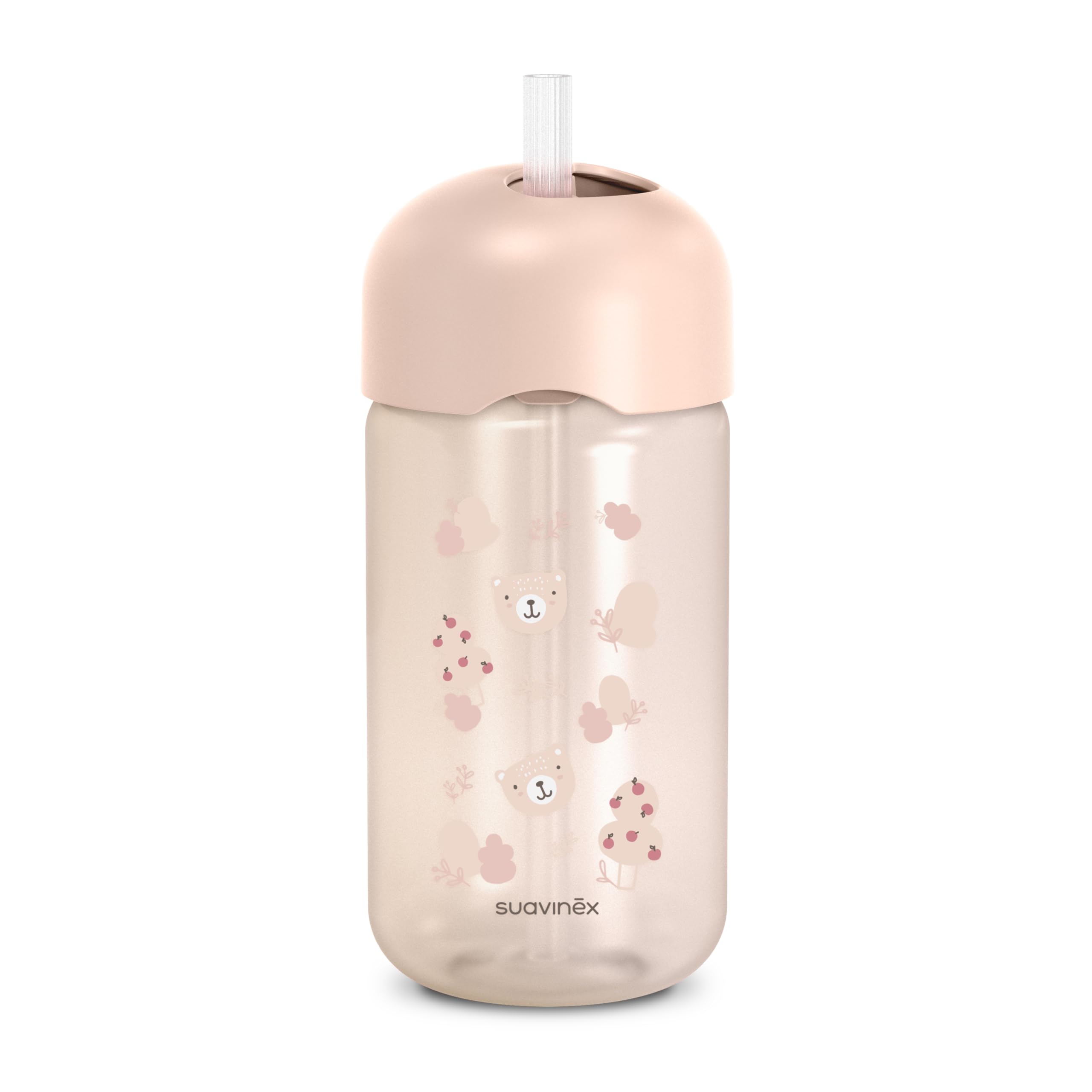 Suavinex Bicchiere Evolutivo Neonati 18 Mesi Cannuccia Silicone Morbido Flessibile Anti-fuoriuscita Anti-gocciolamento Coperchio 340 ml Wild&Free Rosa