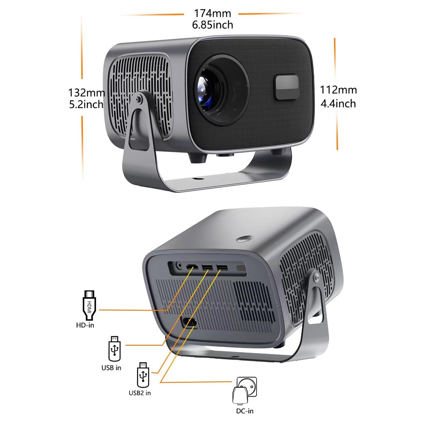 proiettore Portatile, proiettore cinematografico con Messa a Fuoco Automatica e distorsione trapezoidale, 4K Full HD 1080P WiFi Bluetooth, Schermo da 200'', proiettore con Raggio visivo
