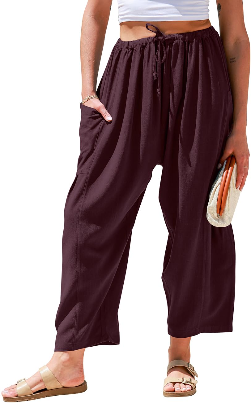TARSE Womens Linen Wide Leg Pants Casual Loose Drawstring Summer Beach Travel Vacation Palazzo Harem Pants with Pockets