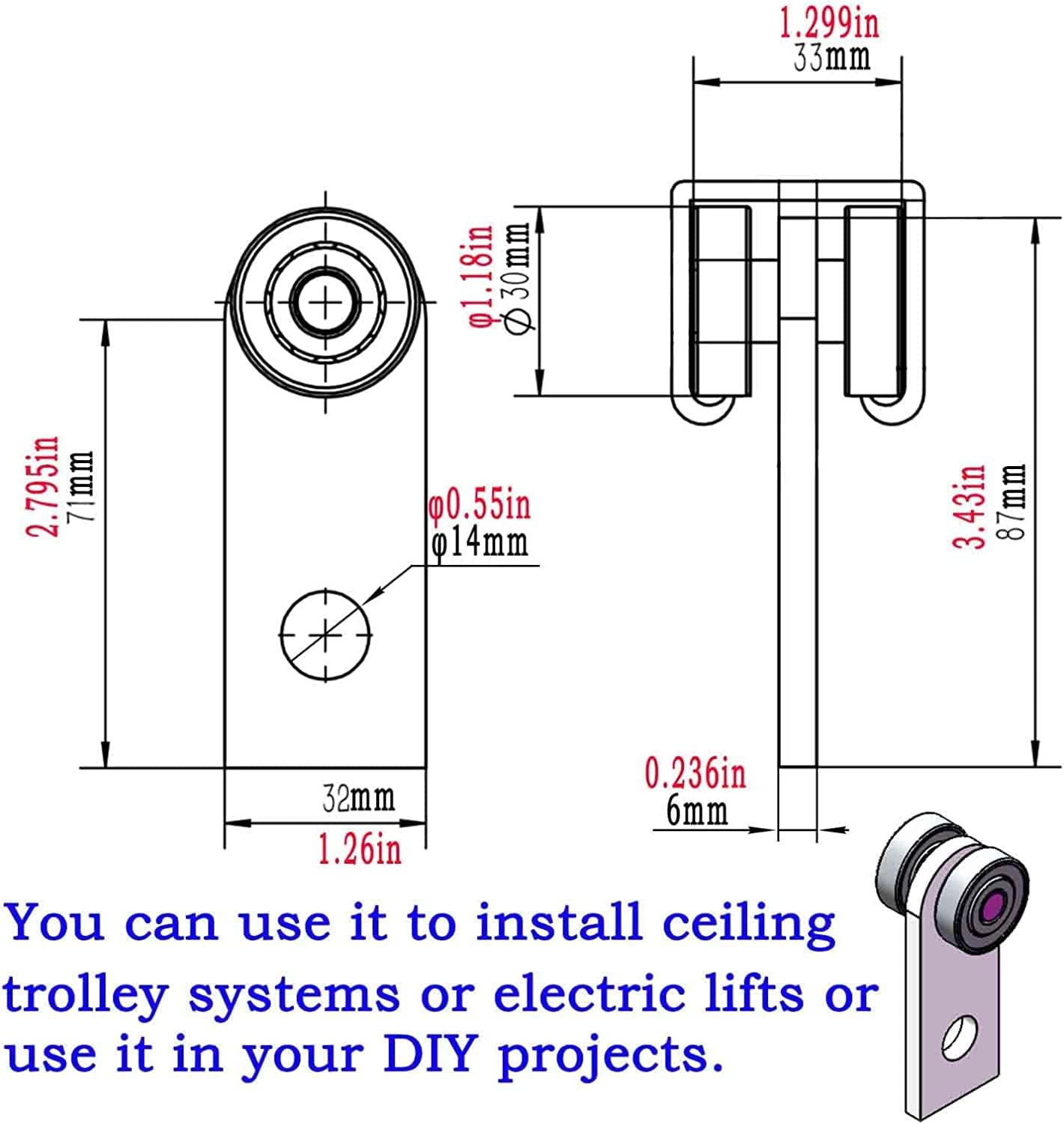 2 Wheel Trolley Assembly Rollers Two Bearing Trolley Assembly for 1-5/8" Wide and All 1-5/8" or Taller Strut Channel 10 pcs…