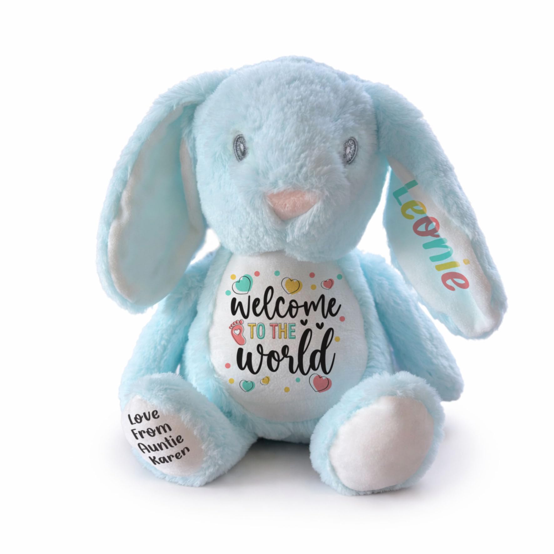 Silly Dog Designs - Baby Bunny Plush Toy - Personalised or Standard - New Baby Gift - Soft Comfort Teddy - Welcome to the World Keepsake (Pink, Blue, White) (Blue - Personalised)