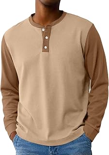Mens Fall Long Sleeve Shirts Casual Color Blocked Henley Tops Classic Big and Tall Shirt Button Down Clothes