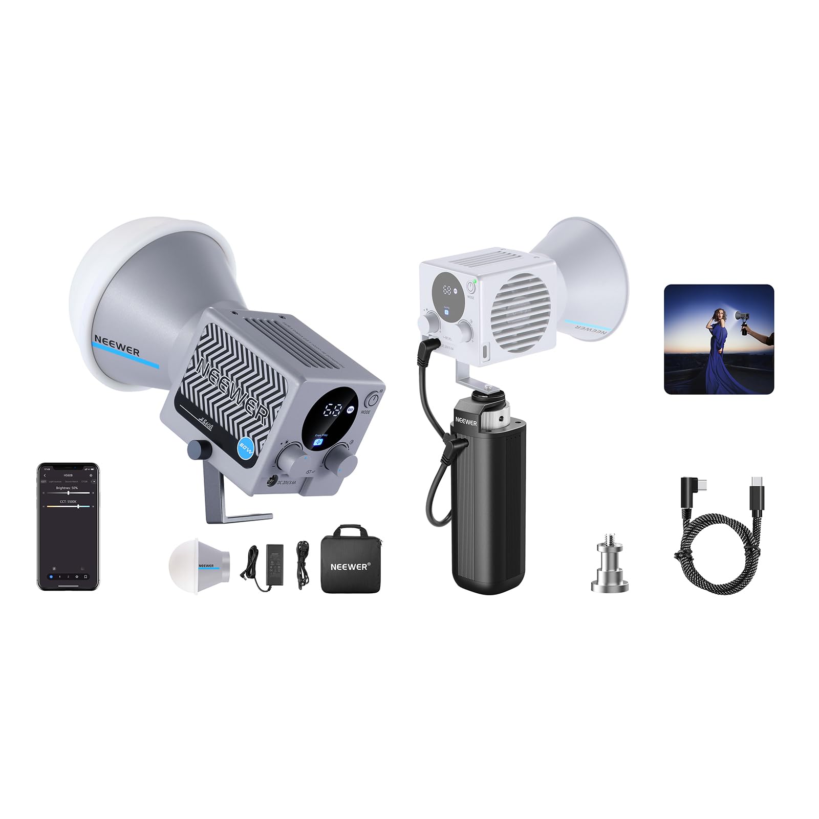 NEEWER CB60 RGB 70W LED Video Light With App Control, Bowens Mount COB Full Color Continuous Output Lighting 18000Lux/1m CCT 2700K-6500K CRI97 17 Scenes For Photography/Studio Video Recording - Modelo CB60 RGB - View #3