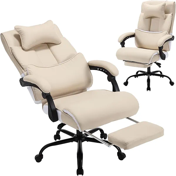 REFICCER Fully Reclining Office Chair with Foot Rest, Ergonomic Executive Office Desk Chair with Lumbar Support and Headrest, 170° Reclining Recliner High Back Home Leather Computer Chair(Beige)