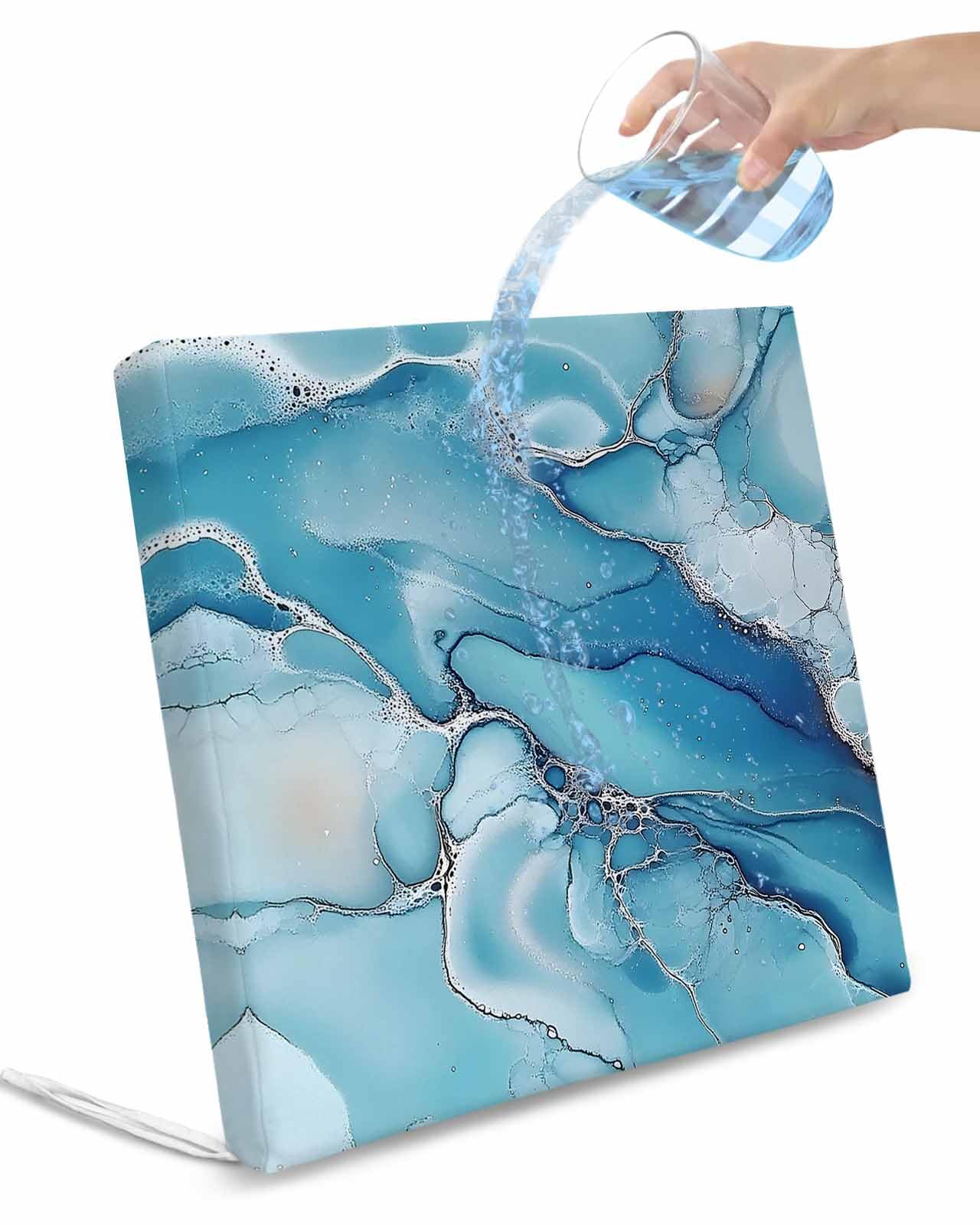 2 Pack Blue Grey Marble Waterproof Cushion Covers with Ties, Outdoor Patio Chaise Lounge Chair Seat Cushion Slip Covers Replacement(Only Cover) Modern Abstract Geometric 24