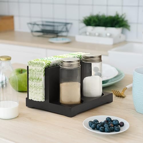 Miniatura 7 de AKKO Servilletero rústico con salero y pimentero, servilletero de madera para mesa con 2 botellas de especias, perfecto para mesa de comedor,