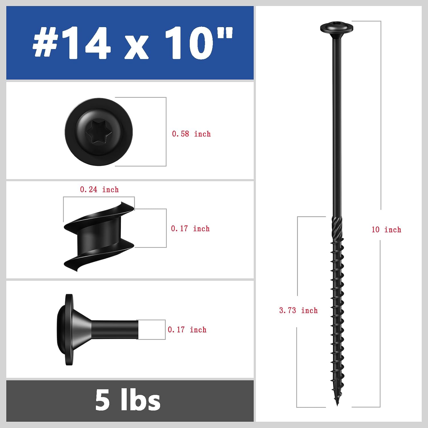 Wensilon (5 lbs)#14 x 10 Black Lag Screws, Structural Wood Screw, Heavy Duty Construction Screw, Rust Resistant, Washer Head, Black Coated Exterior Wood Screws, Star Drive with Bit
