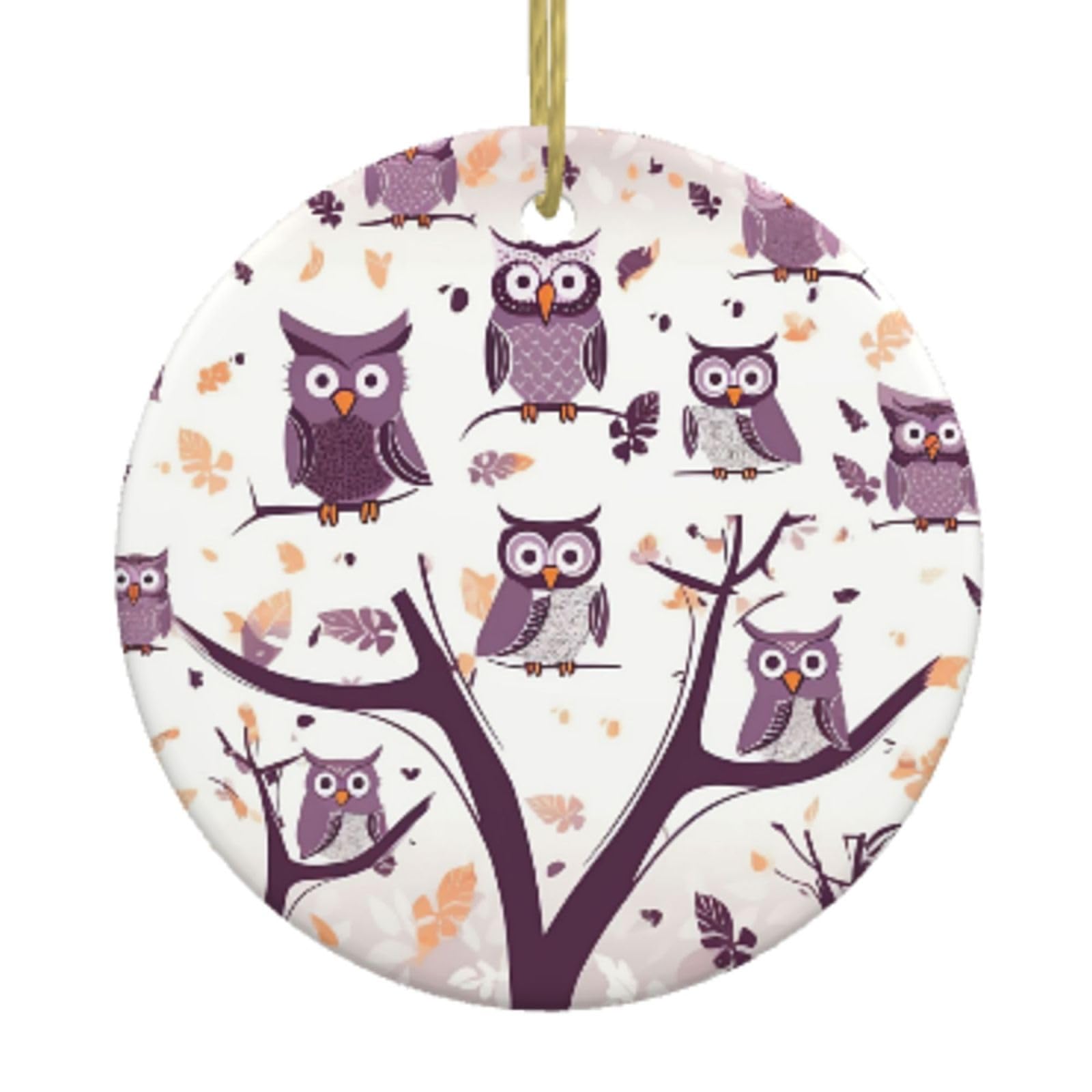 Ceramic Christmas Tree Hanging Ornaments with Gold Ropes Christmas Tree Decorations Round Ceramic Owl Tree Branches Pendant Keepsake Decorations for Holiday Xmas Gift Ideas