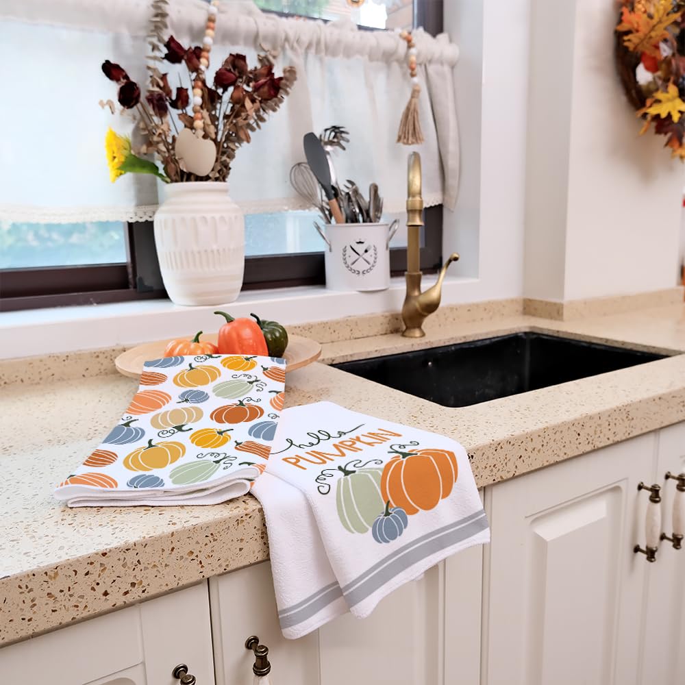 Fall Kitchen Towels Set Of 2 – 18x26 Inch Absorbent Dish Towels With Autumn Pumpkin Design, Hanging Loop For Thanksgiving Harvest Decor
