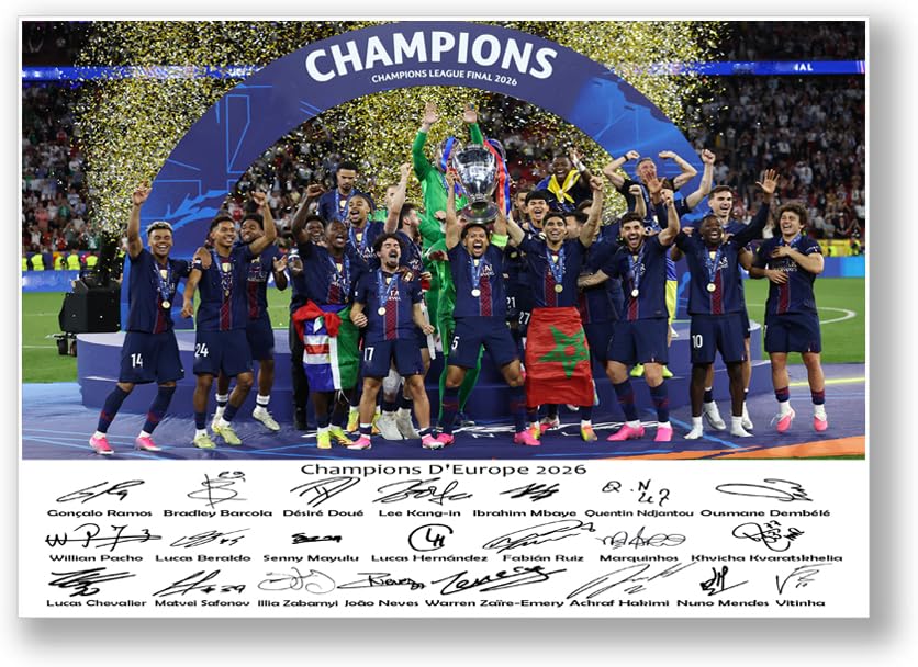 LJW Prints PSG Champions of Europe 2026 Poster A4 Photo signée Cadeau football fans