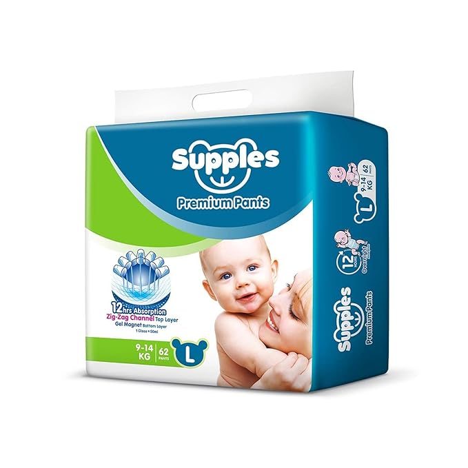 Supples Premium Diapers, Large (L), 62 Count, 9-14 Kg, 12 hrs Absorption Baby Diaper Pants at Rs. 479