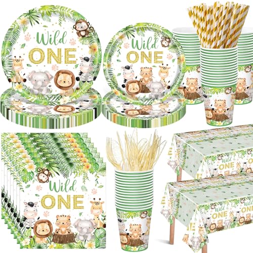 Image of Funnymoom 452 Pcs Wild One Birthday Party Decorations for 50, Safari Jungle Wild One Paper Plates Napkins Cups Tablecloth Cutlery Straws for Boys Kids Woodland Themed First Birthday Party Supplies