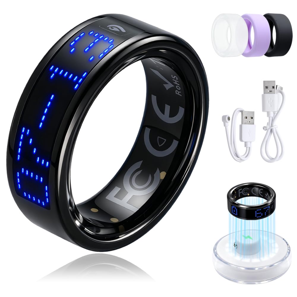 Anello Smart con Schermo LED Controllo Touch Compatibile con iOS/Android | Smart Ring IP68 Impermeabile, Salute Femminile, Più Modalità di Sport, Monitoraggio del Sonno, Nessun Abbonamento