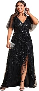 Women's Plus Size Gorgeous A Line Side Slit Sequin Embroidered Formal Evening Dress with Sleeves 02083-DA - Buy now