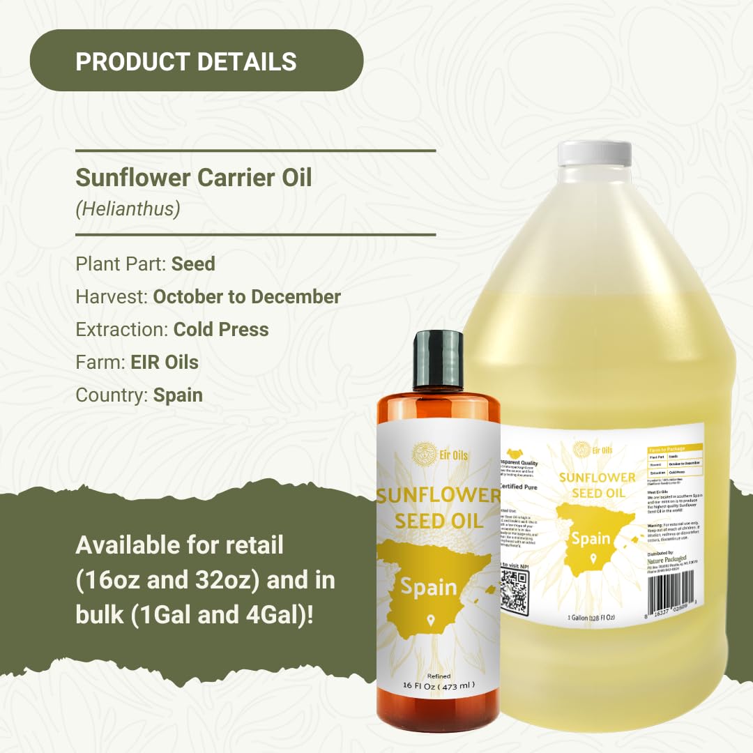 Nature Packaged Huile de tournesol (4 GAL) – Directement issue des terres agricoles EIR Oil dans les champs ensoleillés d'Espagne – Huile de support 100 % pure pour les cheveux, le visage et la peau