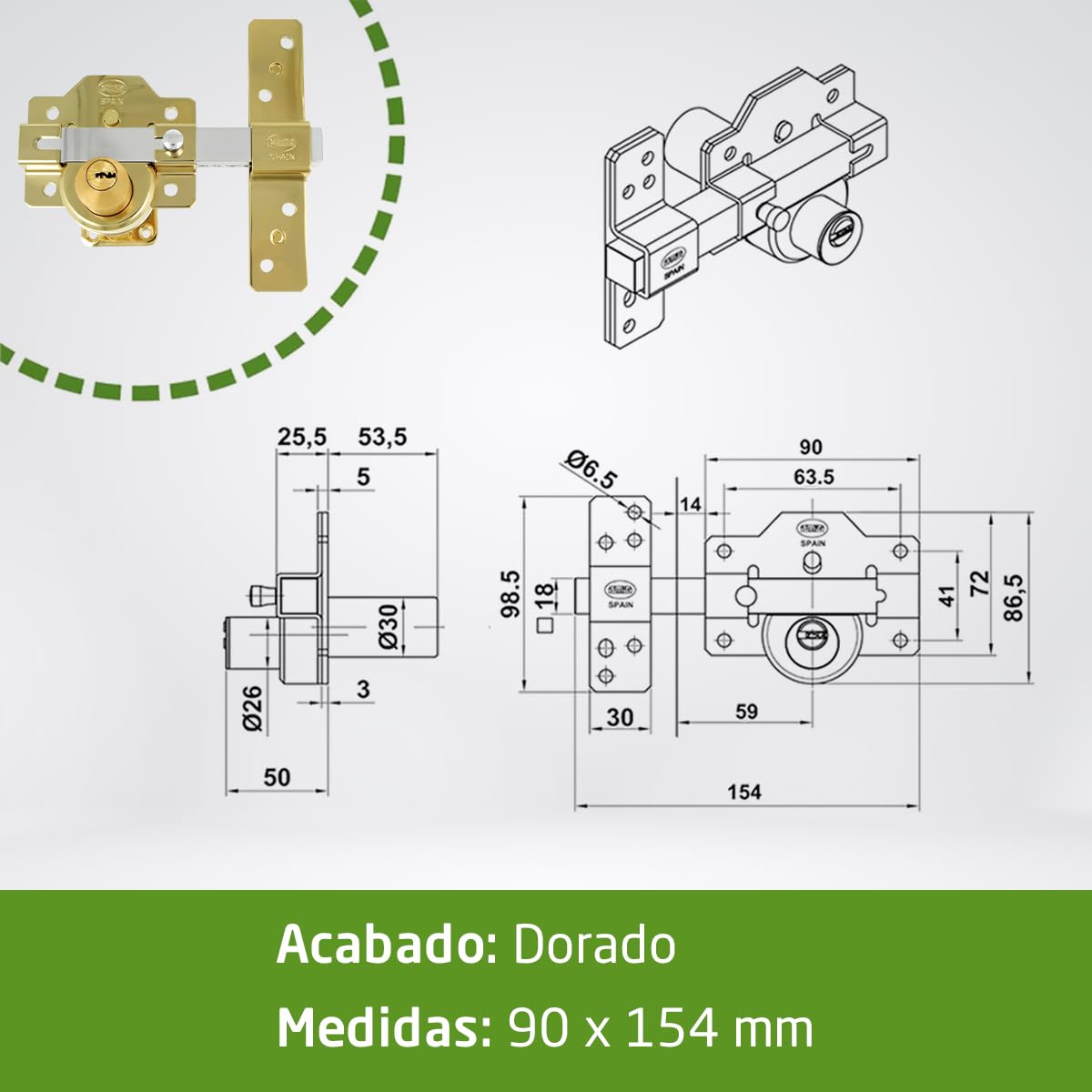 Amig - Cerradura de Sobreponer - 90 x 154 mm - Oro - Cilindro de seguridad de 50 mm y 6 pines - Pestillo de Apertura - Sistema Antibumping y Protección contra Ganzúas