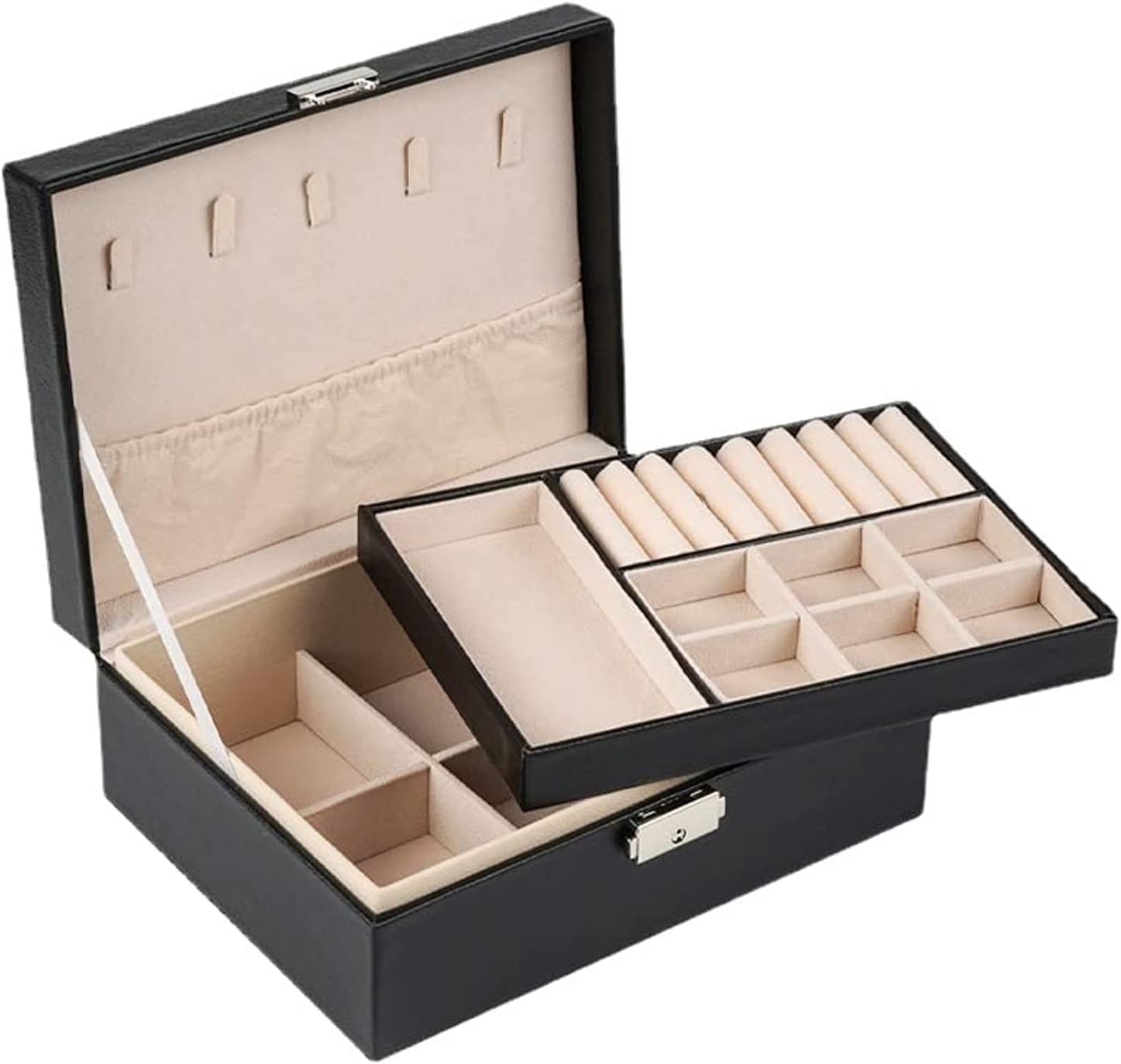 AMERTEER Jewelry Box Organizer For Women & Girls - Double Layer Velvet Jewelry Storage Box With Lock & Removable Tray, Black Jewelry Case For Necklaces, Earrings, Rings, Bracelets, And Watches