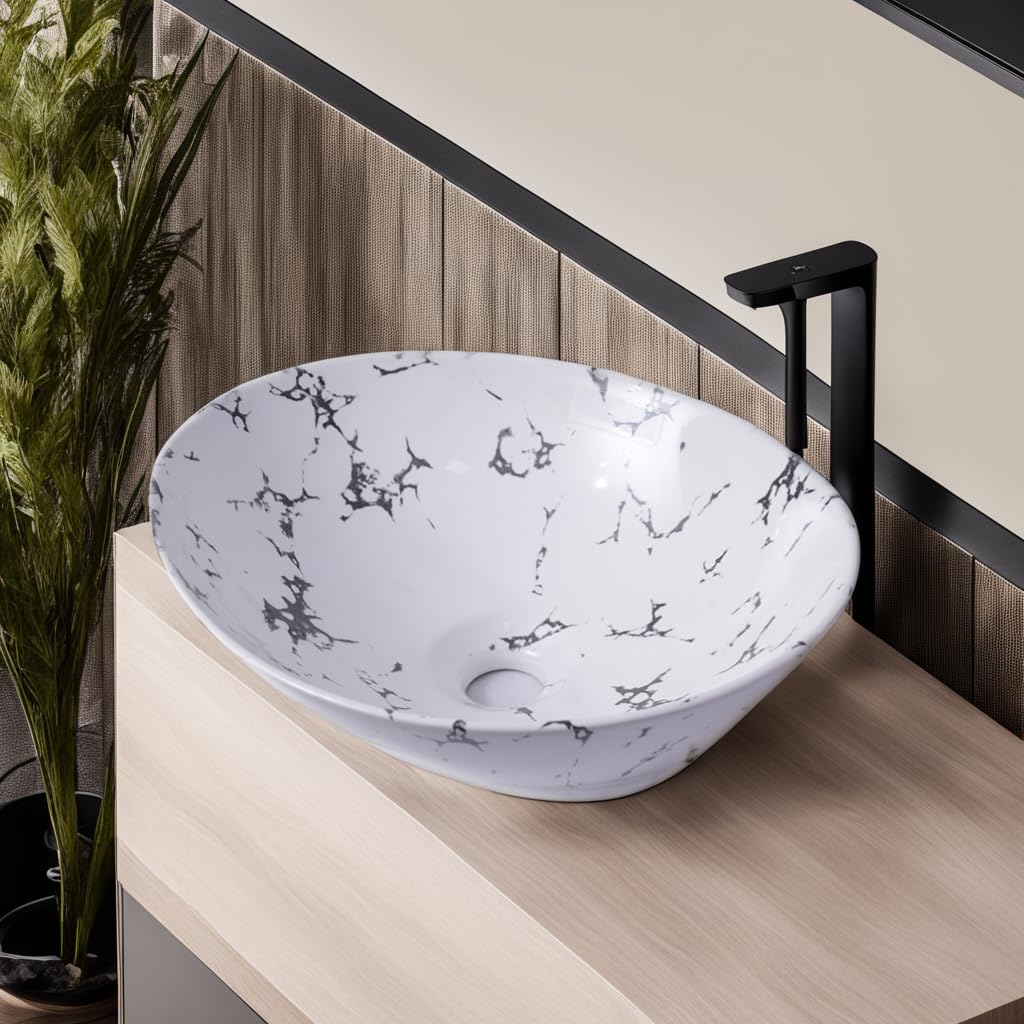 NEXIS Designer Ceramic Wash Basin For Bathroom | Over Counter Bathroom Basin | Counter Top Bathroom Sink | Wash Basin For Restaurant, Hotel (16 x 13 x 5 Inch) (White Black) (B0C1N2X4SR) Amazon Price History, Amazon Price Tracker