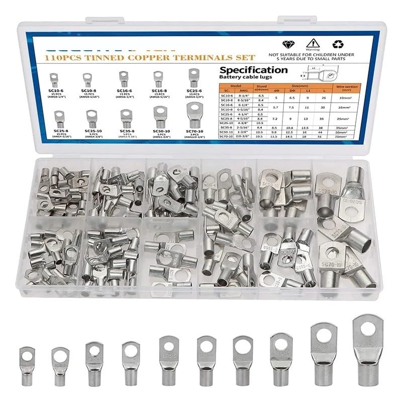 Kit de conectores de crimpado de cable de 110 piezas, terminales de anillo de cobre estañado, conectores soldados, terminales de conector de cable de batería.