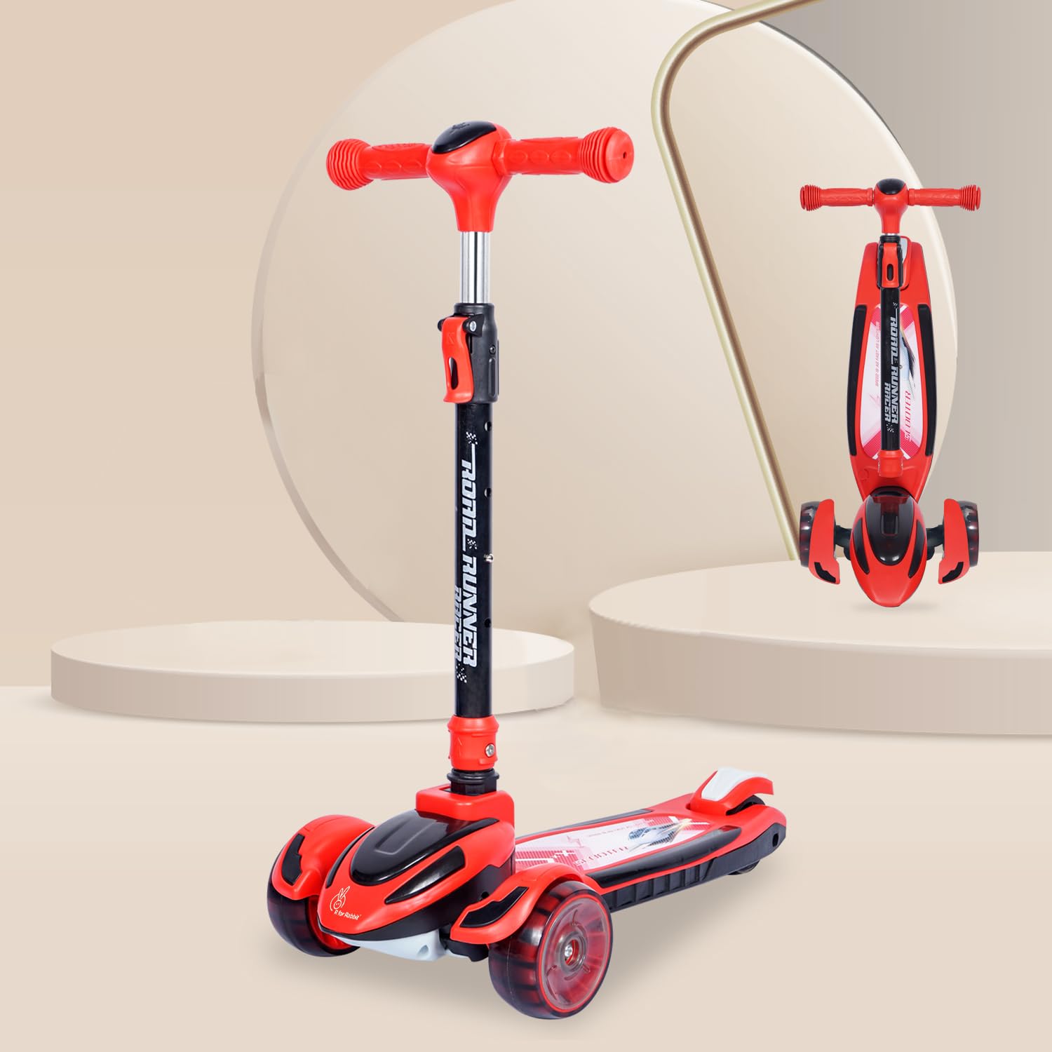 R for Rabbit Road Runner Racer Scooter for Kids of 3+ Years Age, 4 Level Height Adjustment Kids Scooter, PU LED Wheels & Weight Capacity Upto 75 kgs Kick Scooter (Red Black)