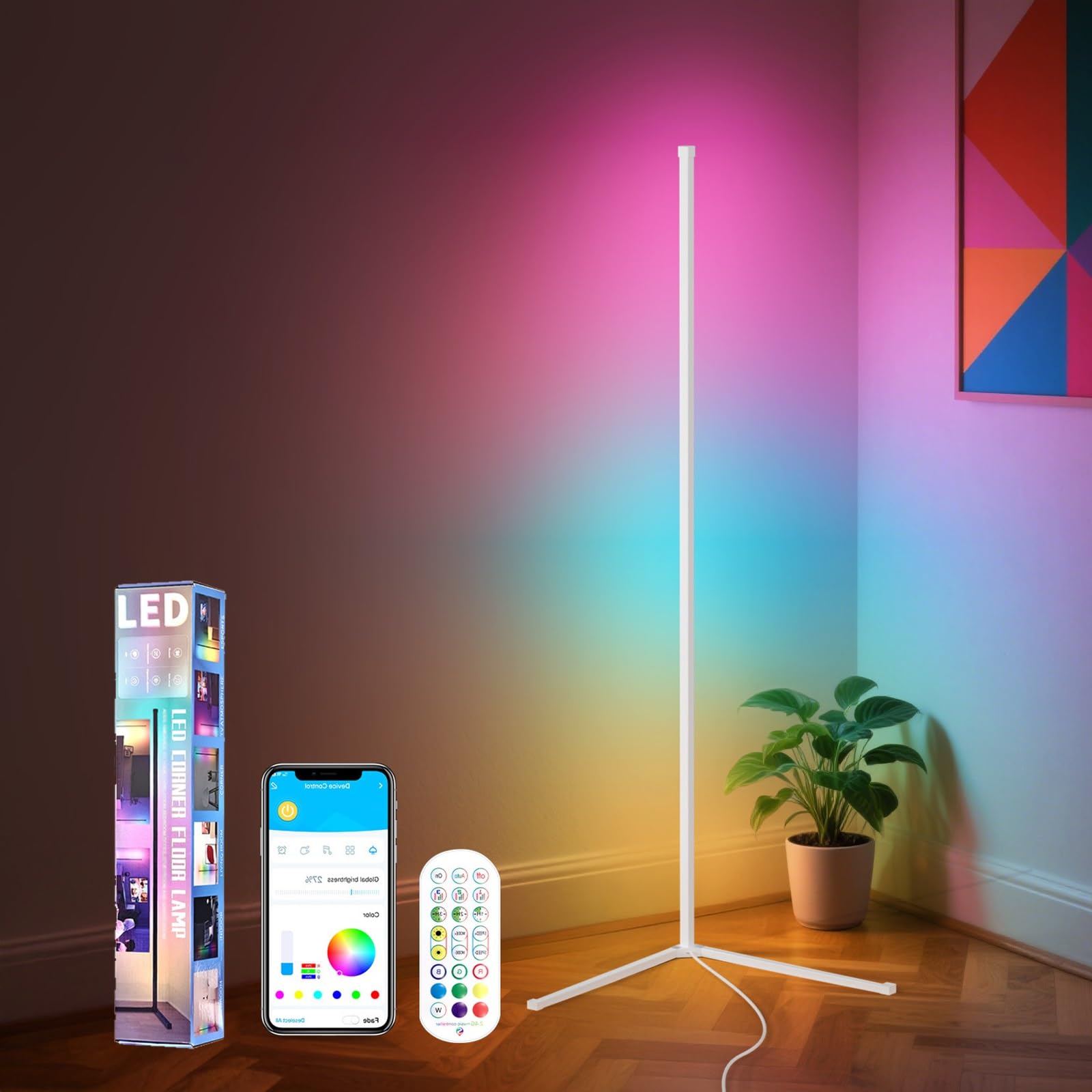 Lámpara de pie esquinera RGB IC inteligente, lámpara LED de 1,42m con control remoto y app, sincronización con música, iluminación ambiental con 16 millones de colores, luz de ambiente(White)