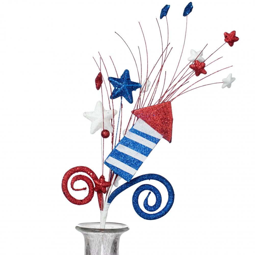 Patriotic Rocket Decorative Pick, 20 inch, Red White Blue Glitter, Stars and Curls Design, Wreath Floral Arrangement