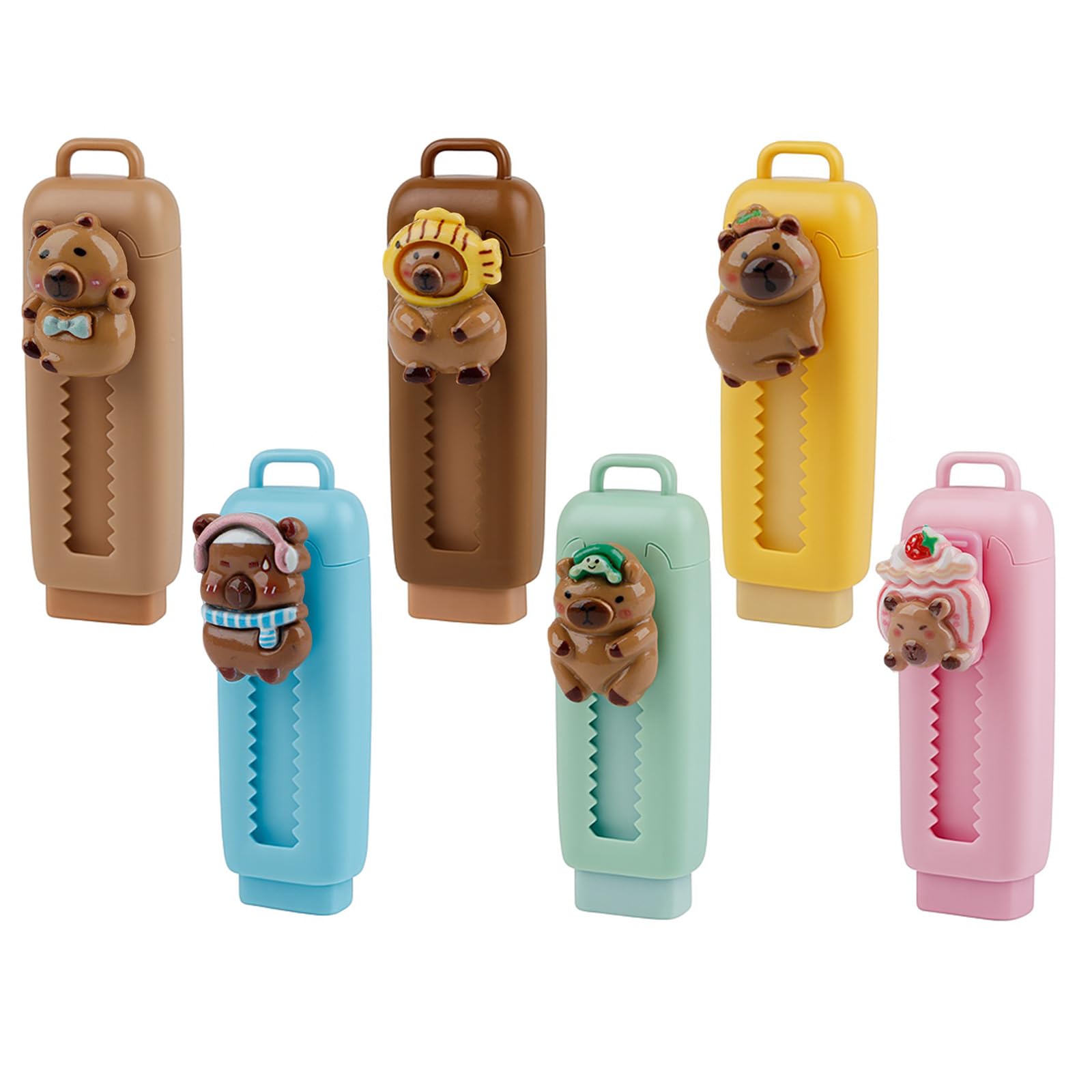 6Pcs Capybara Retractable Erasers, Cute Push Pull Rubber Erasers, Pencil Capybara Eraser for Kids Girls Boys Students School Office Supply Stationery