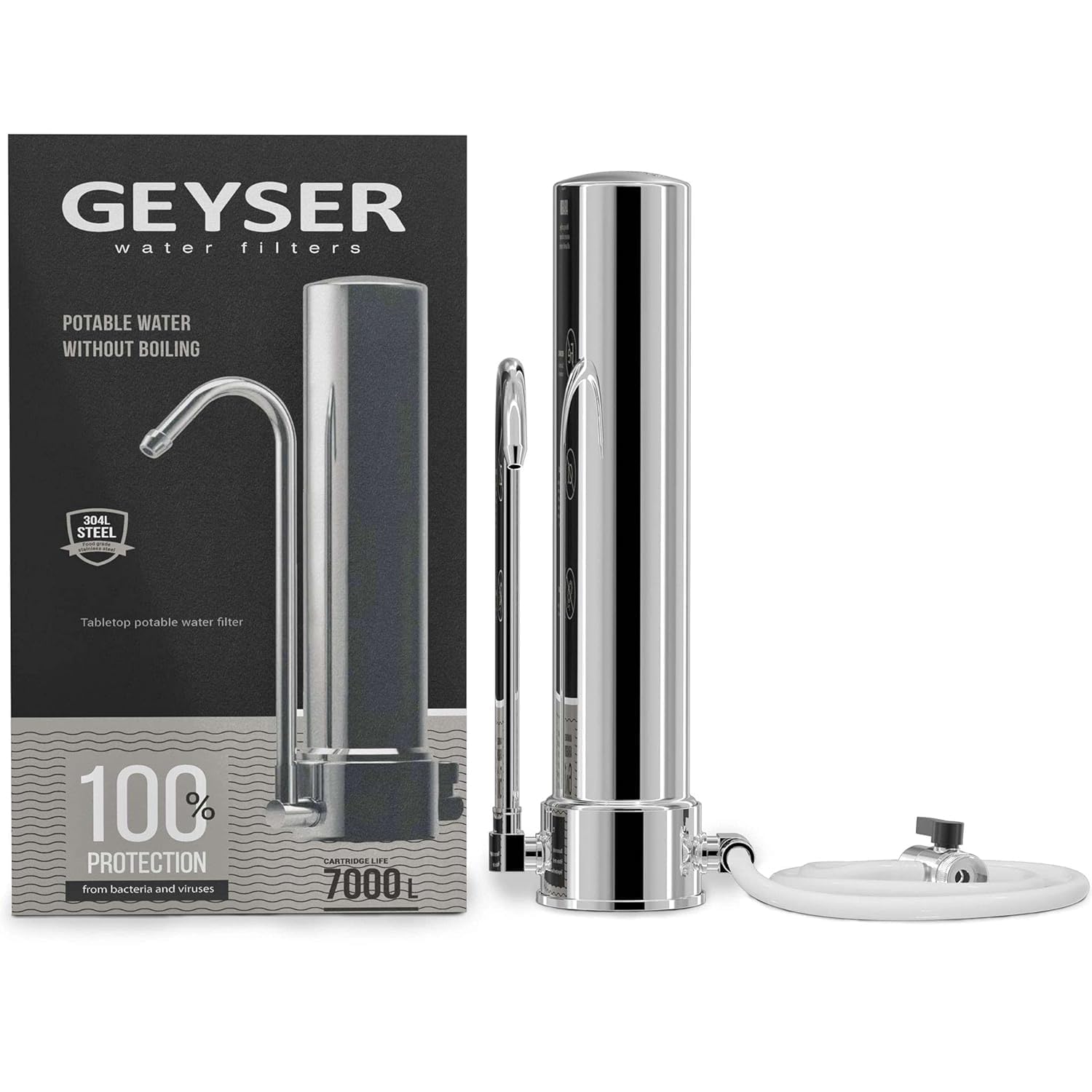 Geyser Aqua - Filtro de agua para grifo y encimera, filtro para el hogar, purificador de agua, acero inoxidable 304 de grado alimenticio