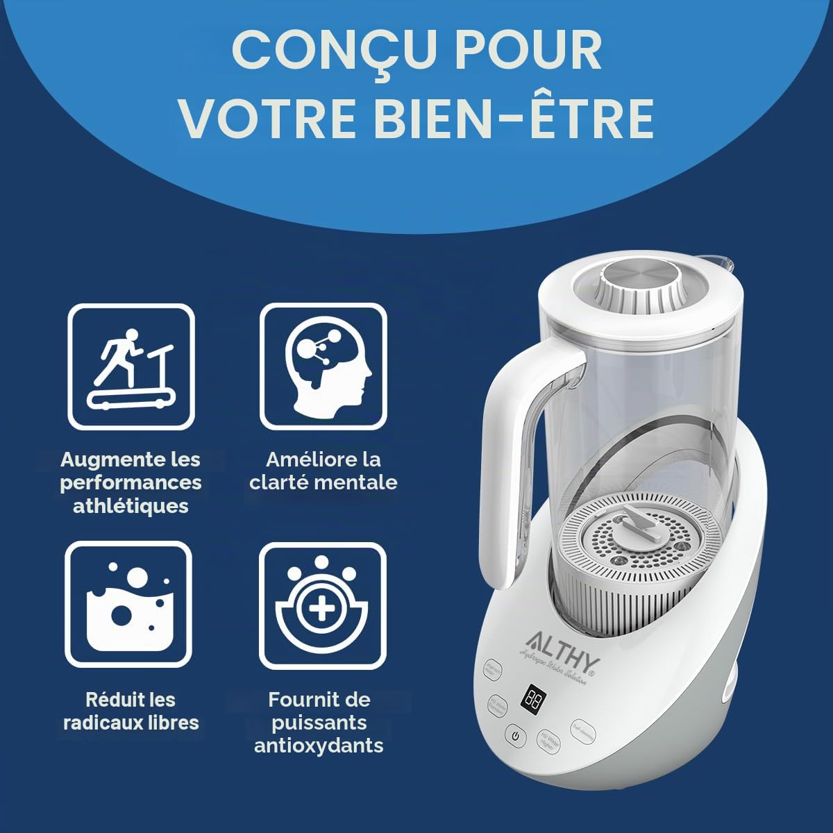 ALTHY - Carafe à Hydrogénée Eau SPE&PEM, Générateur d'eau Hydrogénée, Capacité de 1,6 L, Niveaux de pH équilibrés et Filtrée au Sulfite de Calcium, Réduire le Chlore Résiduel, Carafe Sans BPA