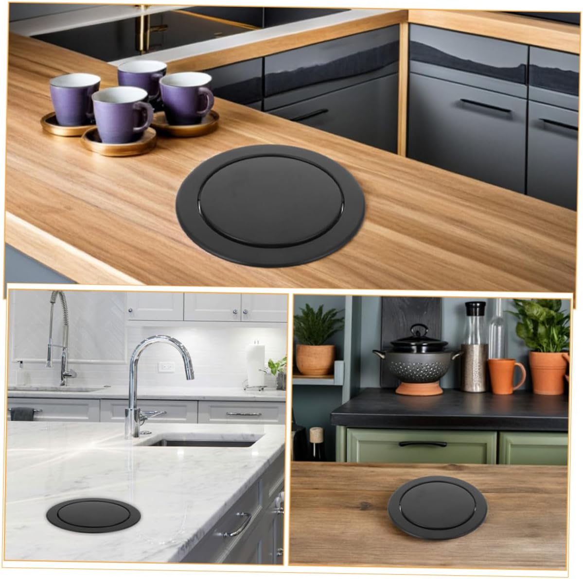 Alipis Recessed Countertop Trash Can Lid 2pcs Set, Stainless Steel Swing Flap Covers for Kitchen Bathroom Office, Black round Waste Chute Lid Fits 21-24cm Opening