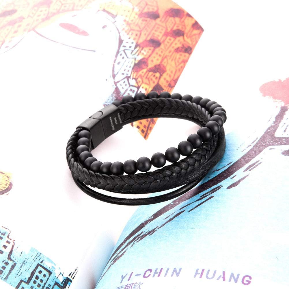 Speroto New Mens Bracelet Bead and Leather Braided, Lava and Onyx Bead Leather Bracelet for Men