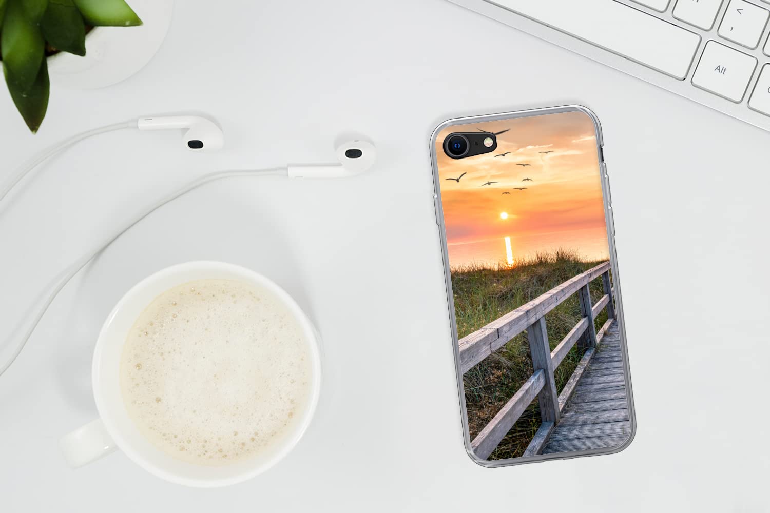 MuchoWow Funda para iPhone 7 - Puesta de Sol - Mar - Camino - Hierba - Duna - Pájaros - Funda de Silicona/Funda Blanda para teléfono móvil