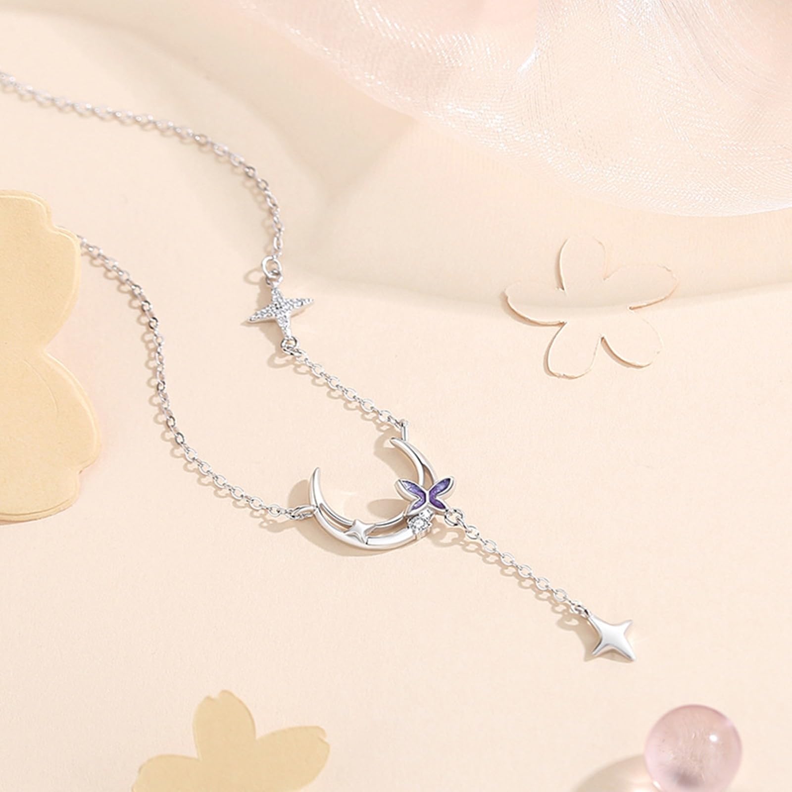Collana Donna Matrimonio Oro Bianco 18k/14k/9k, Collana con Ciondolo Luna e Stella con Diamante Sintetico, Catena Regolabile 40+5 cm