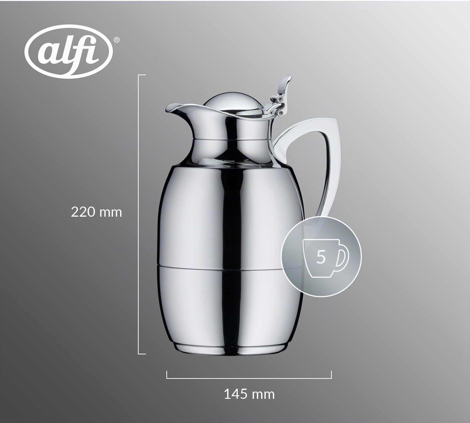 alfi JUWEL 1,0l, silber chrome plated, elegante Isolierkanne mit Hartglaseinsatz, 12h heiß & 24h kalt, ideal als Kaffeekanne, Teekanne