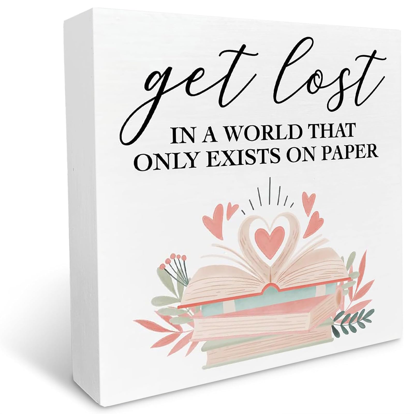 kisoyo Book Lover Desk Decor Wooden Box Sign, Get Lost in A World, Book Worm Nerd Decor for Home Bedroom Bookish Book Reader Librarian Decoration Book Lover Desk Shelf Table Decor 7x7 Inch