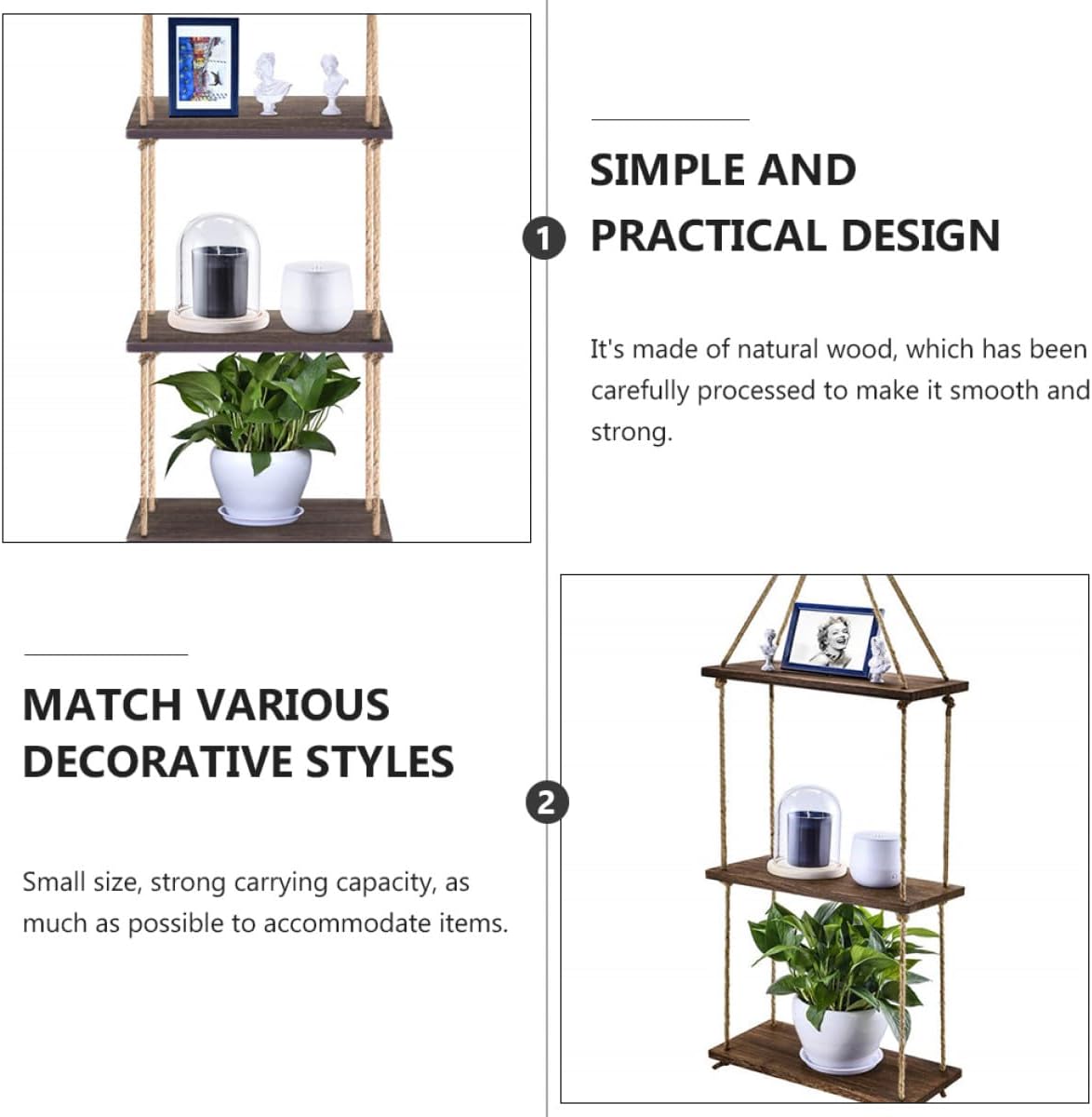 Wooden Flowerpot Shelf Hanging Rack Rustic Wall Storage Shelf Floating Plant Holder Home Décor for Living Room Bedroom Kitchen