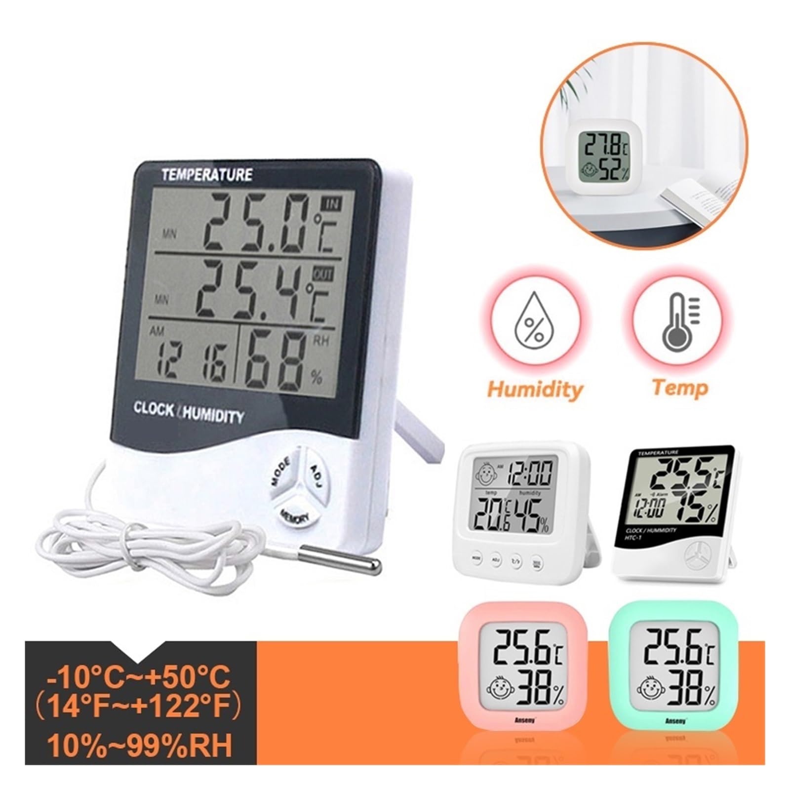 LCD elektroniczny cyfrowy czujnik temperatury miernik wilgotności podświetlenie termometr higrometr miernik wewnętrzna stacja pogodowa zegar, Tpye 3 zielony